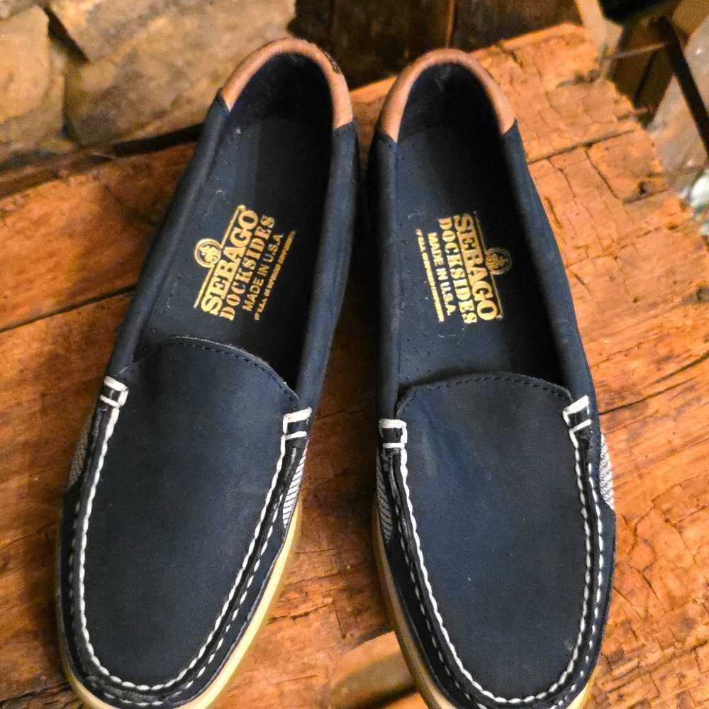Sebago Blue Boat Shoes with White Stitching